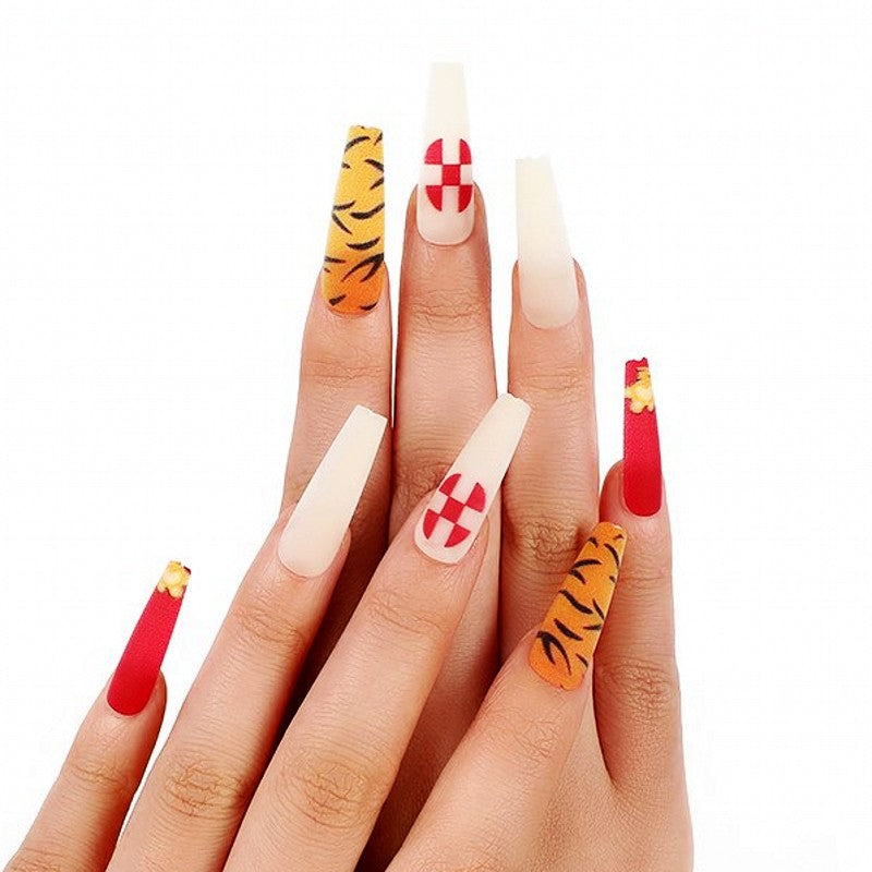 Safari Adventure Long Coffin Shape Multicolor Press On Nail Set with Animal Print and Embellishments