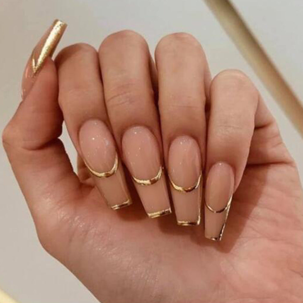 Cupid Long Coffin Gold French Tips Press On Nails