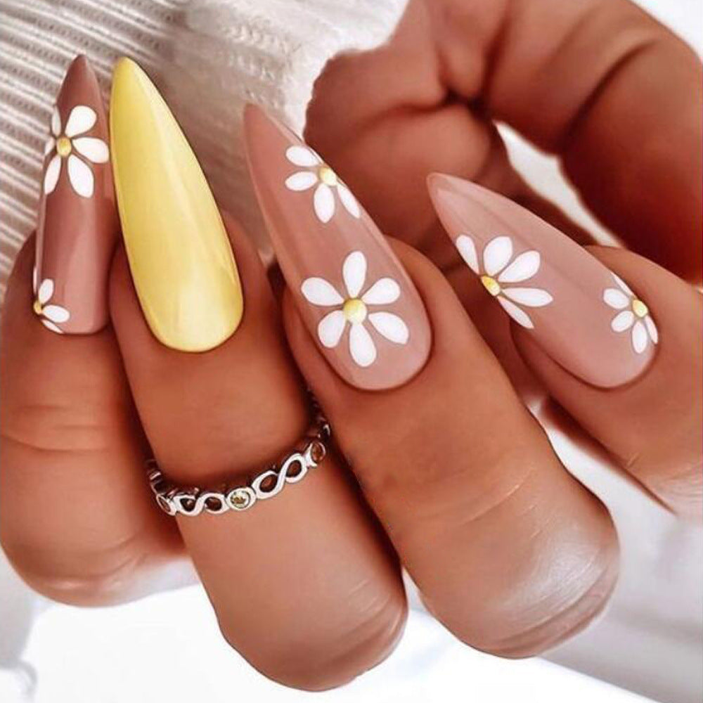 Love Daisy Medium Stiletto Yellow Spring Press On Nails