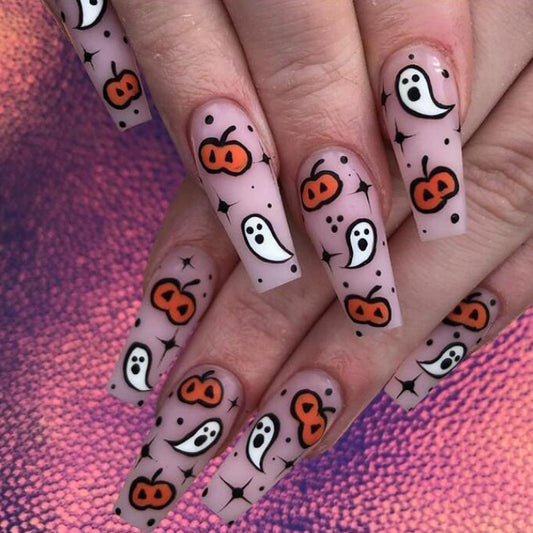 Spooked Long Coffin Beige Halloween Press On Nails