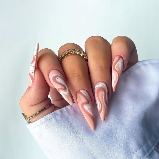 Marionette Long Stiletto Beige Marble Press On Nails