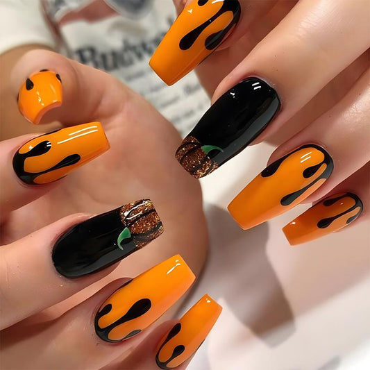 Pumpkin Patch Medium Coffin Orange Halloween Press On Nails