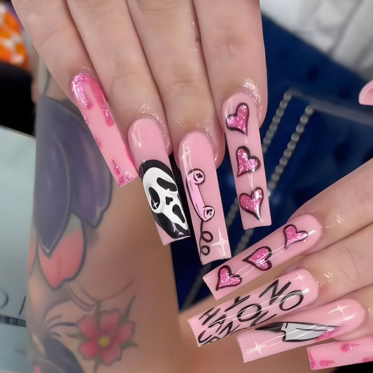 No Your Hand up Long Coffin Pink Halloween Press On Nails