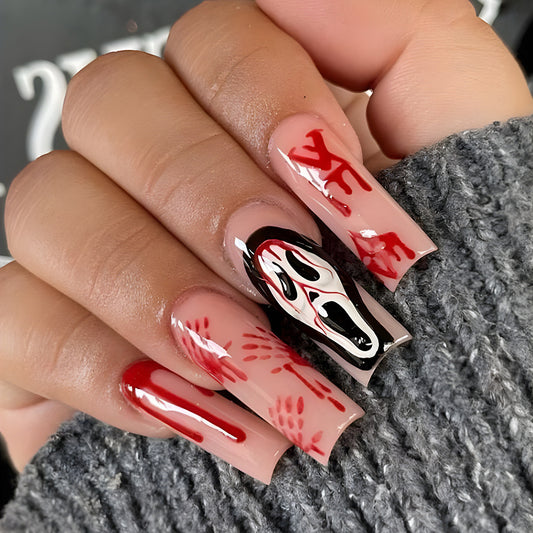 Dripping Scream Long Coffin Red Halloween Press On Nails