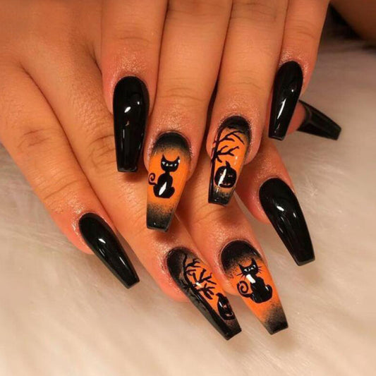 Black Cat Medium Coffin Orange Halloween Press On Nails