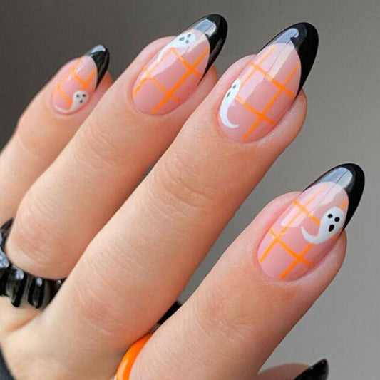 Ghost Note Medium Almond Black Halloween Press On Nails