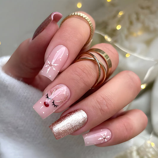 Reindeer Snooze Medium Square Gold Winter Press On Nails