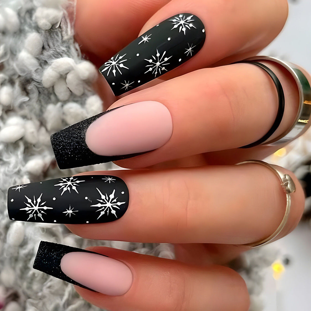 A Dark Snowstorm Long Coffin Black Winter Press On Nails