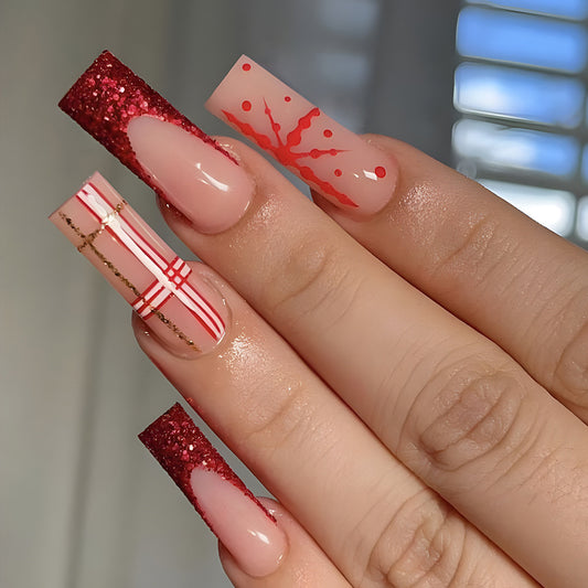 Wrapped In Snowflake Long Square Red Holiday Press On Nails