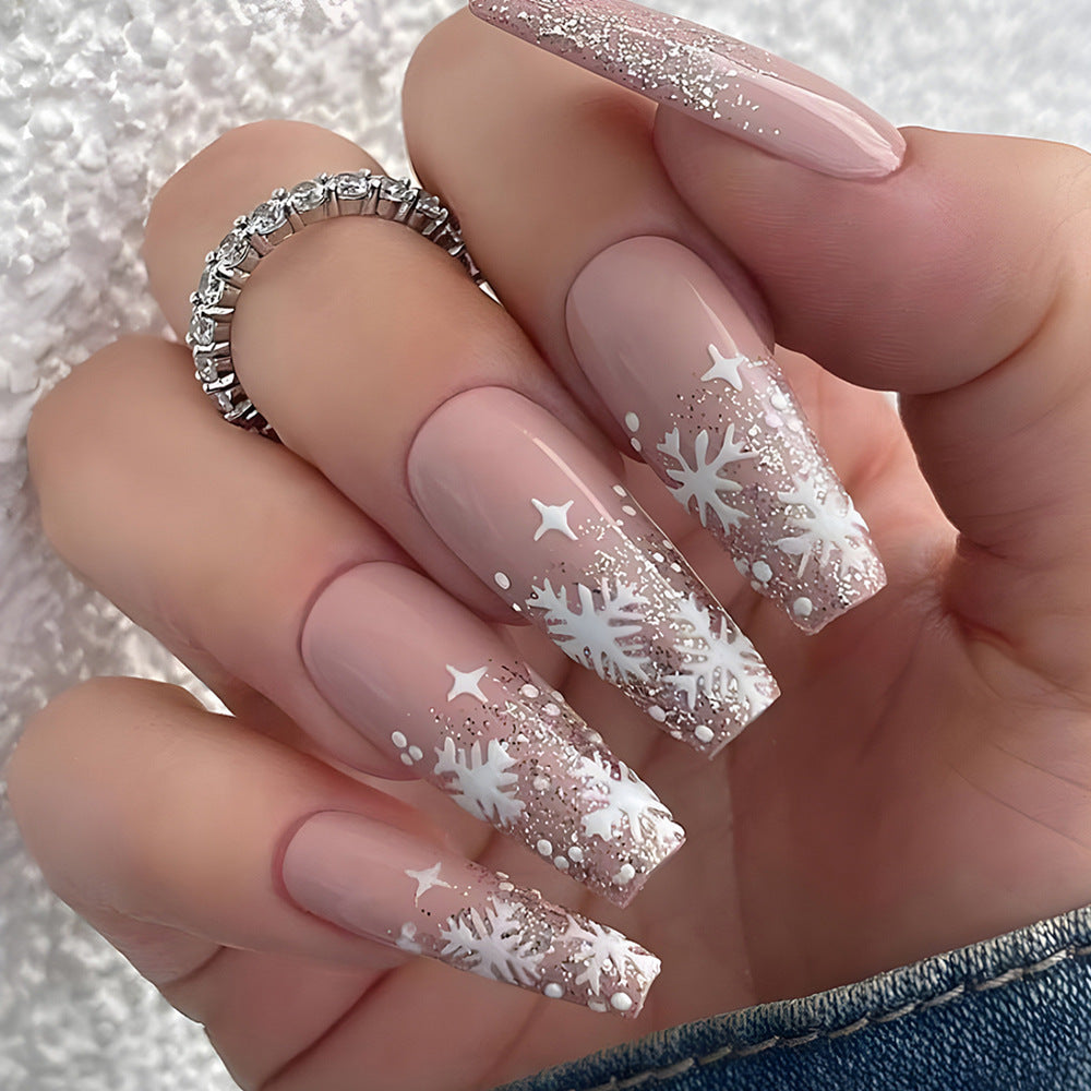 The Snow Queen Long Coffin Beige Winter Press On Nails