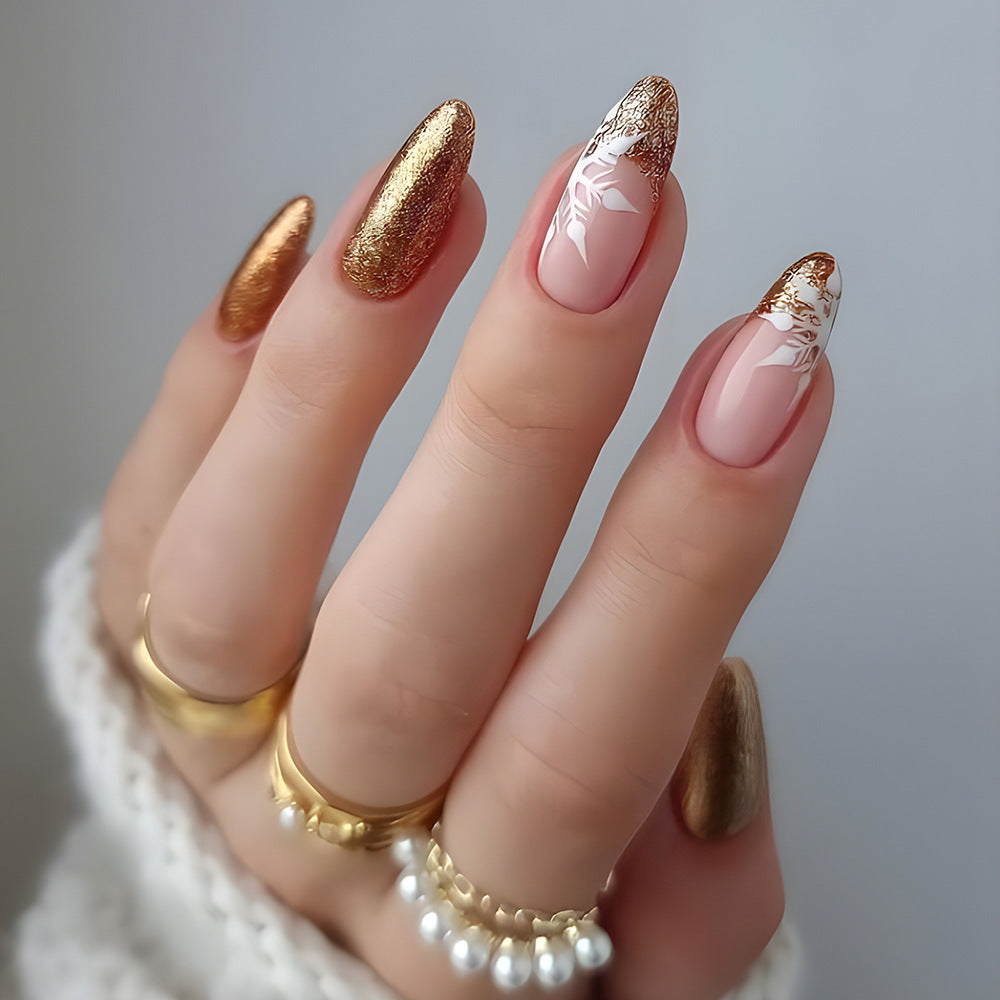 Golden Bells Snowflake Medium Almond Gold Holiday Press On Nails