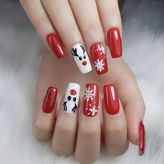 Rudolph And Snowflakes Medium Coffin Red Holiday Press On Nails