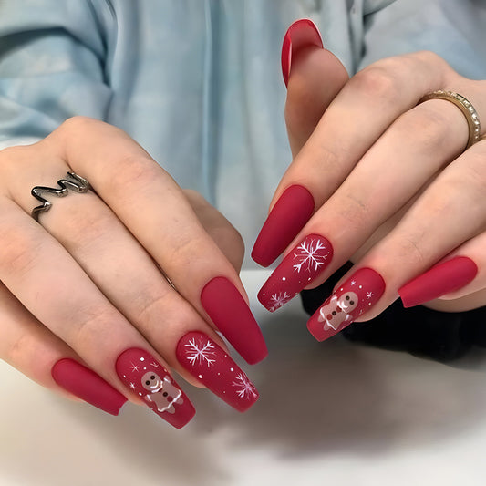 Gingerbread Lane Long Coffin Red Holiday Press On Nails