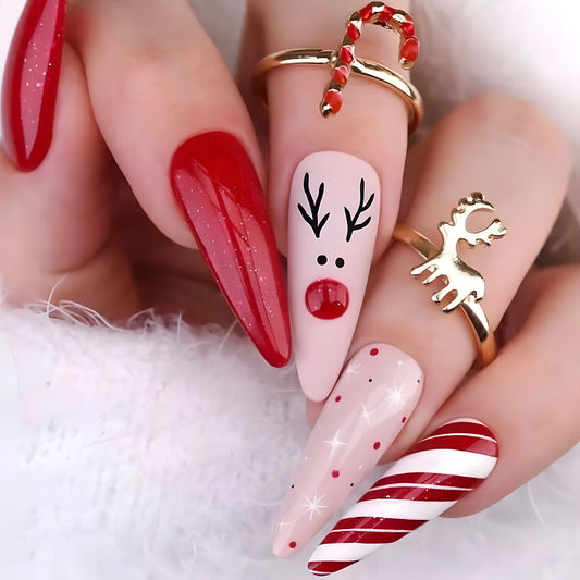 Dancer Prancer Long Almond Red Holiday Press On Nails