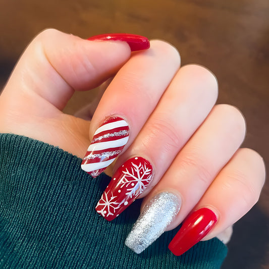 Candy Cane Island Medium Coffin Red Holiday Press On Nails