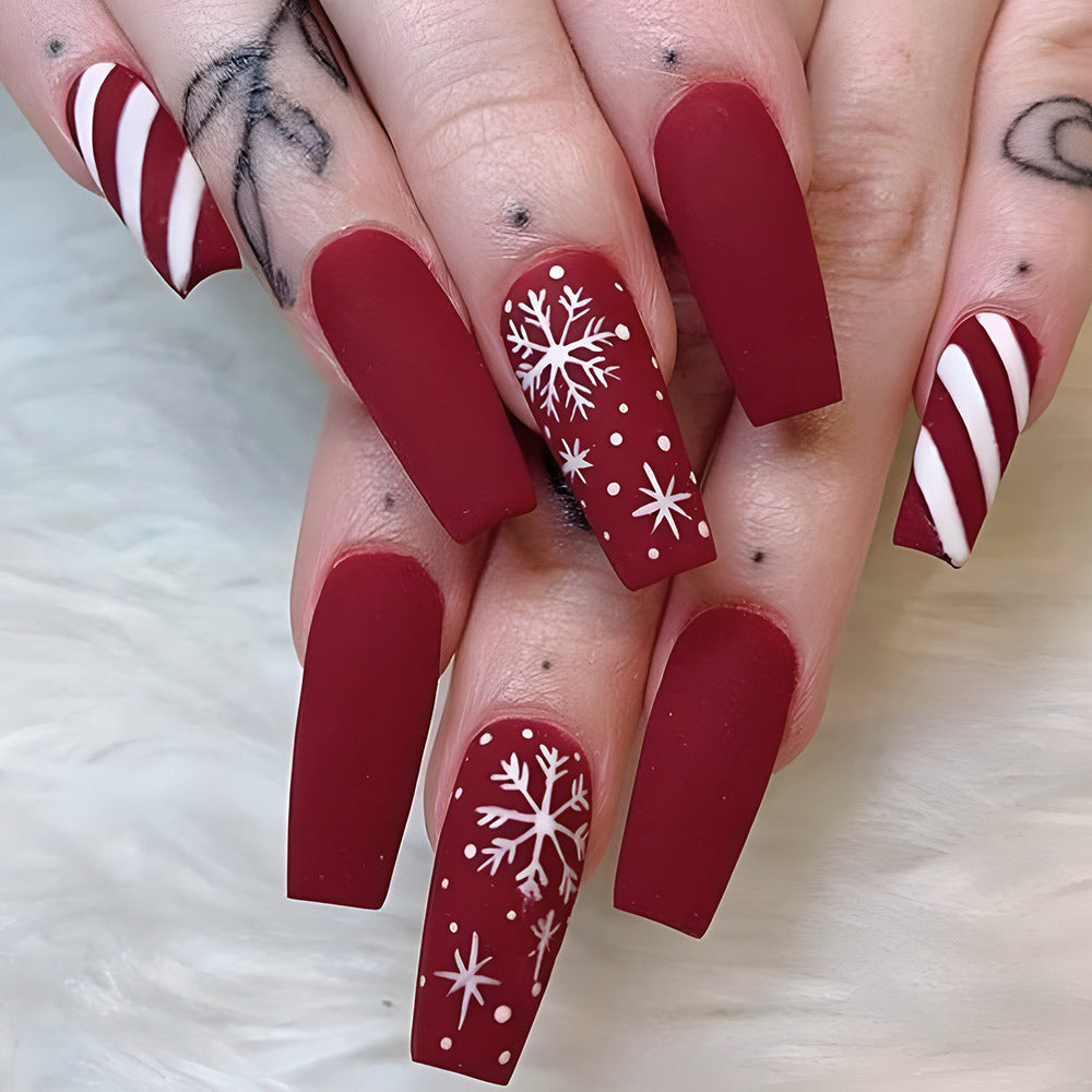 Snowflake Storm Long Coffin Red Winter Press On Nails