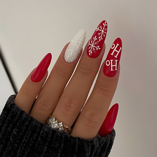 Ho Ho Ho Snow Long Almond Red Holiday Press On Nails