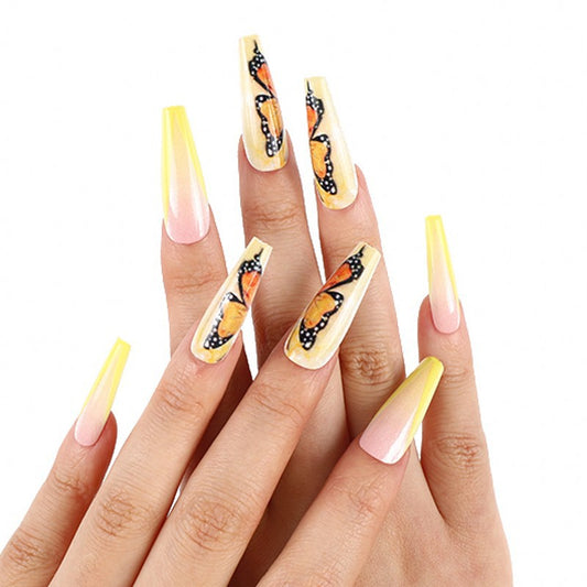 Spring Flutter Long Coffin Sunshine Yellow Ombre Press On Nails with Butterfly Accents