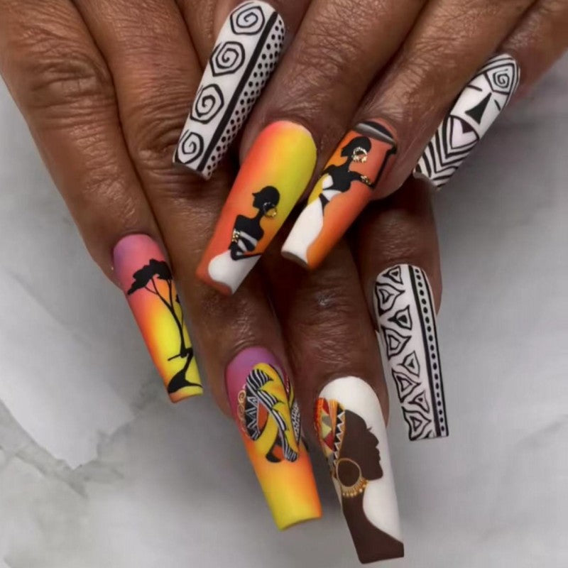 African Sunset Extra Long Coffin Multicolor Press On Nail Set with Silhouette Art Designs