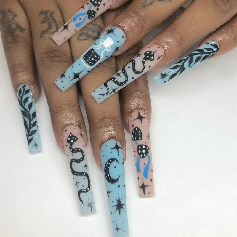 Celestial Fantasy Extra Long Coffin Shape Blue and Pink Press On Nail Set with Cosmic Art Design