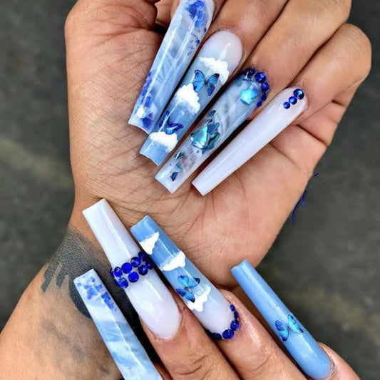 Enchanted Butterfly Theme Long Coffin Shape Blue Ombre Press On Nail Set with 3D Embellishments