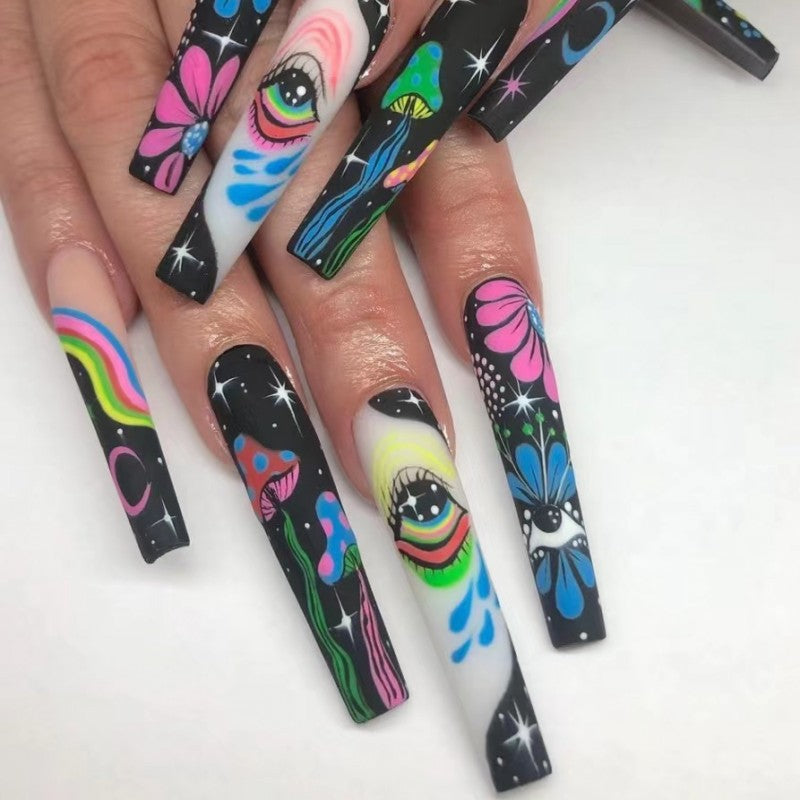 Cosmic Carnival Long Coffin Multicolor Artistic Glow Press On Nail Set