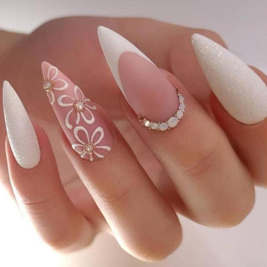 Pick Up Medium Stiletto White Floral Press On Nails