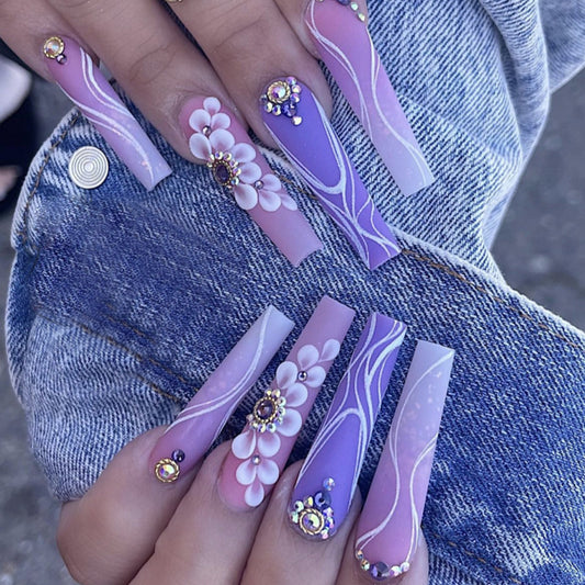 Sweet Island Air Long Coffin Purple Floral Press On Nails