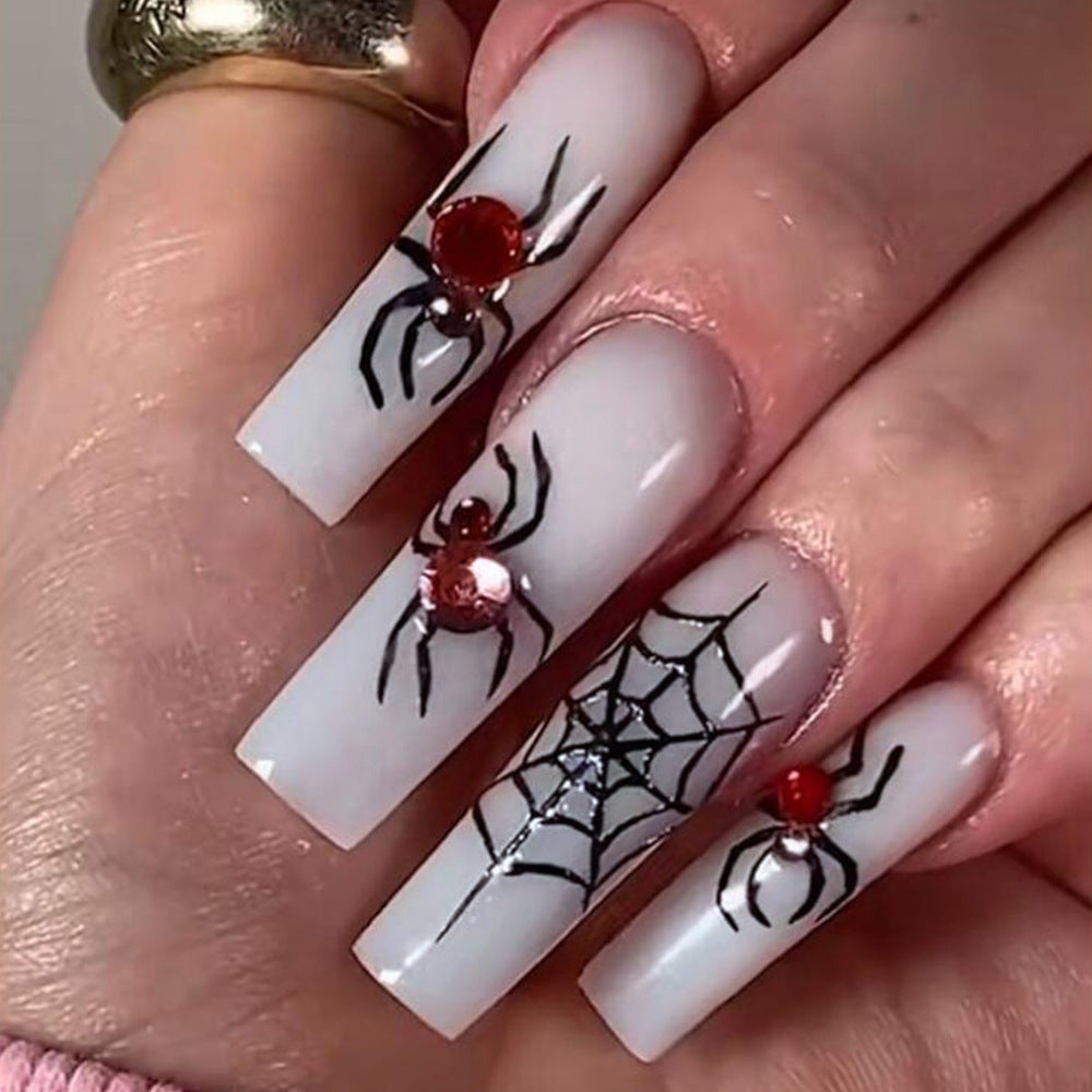 Black Widow Long Square White Halloween Press On Nails