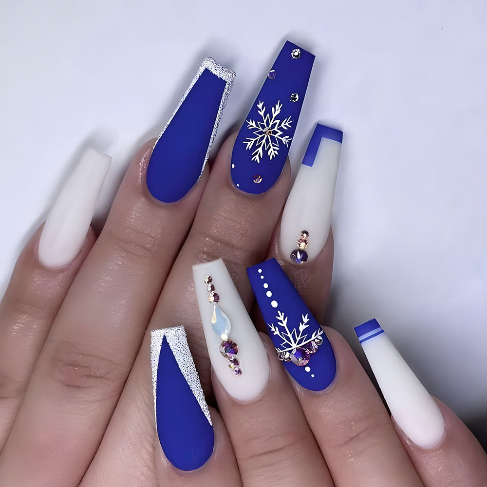 Holiday Glam Party Long Coffin Blue Winter Press On Nails