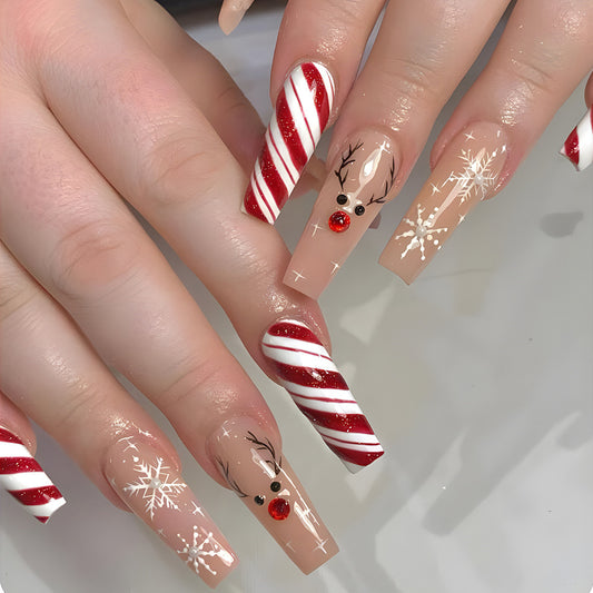 Candy Cane Sleigh Long Coffin Red Holiday Press On Nails