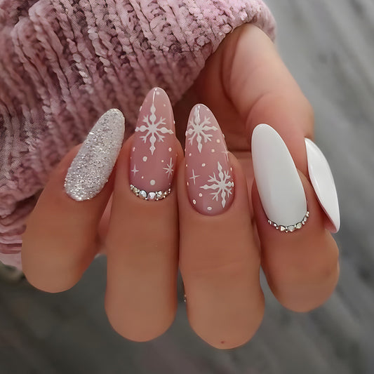 Snow Sport Medium Almond White Winter Press On Nails