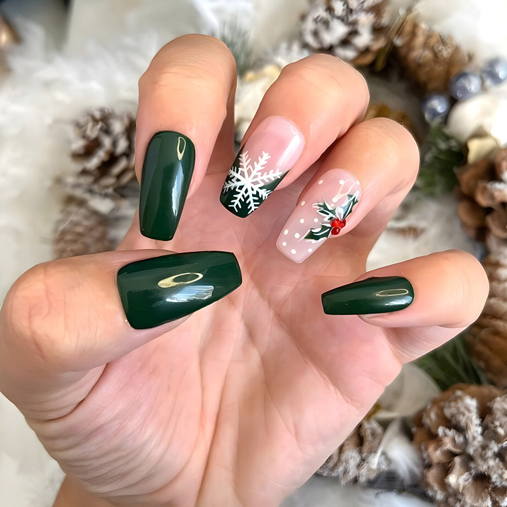 Snowflake Decoartions Medium Coffin Green Holiday Press On Nails