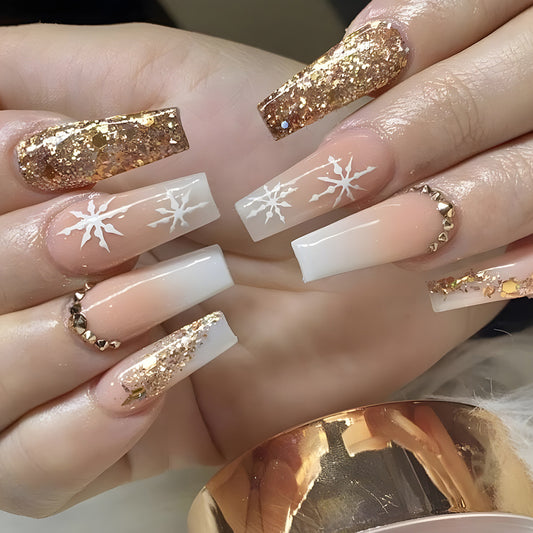 Snowflake Elegance Long Coffin Gold Winter Press On Nails