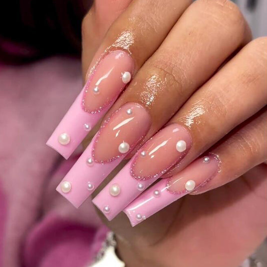 Dotted In Love Long Coffin Pink Pearls Press On Nails