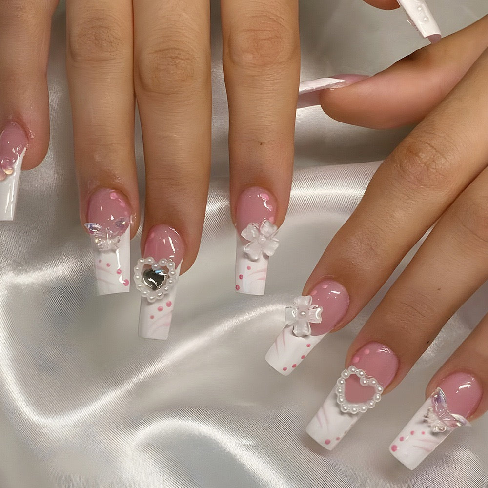 Playing With Dolls Long Coffin White Cute Press On Nails