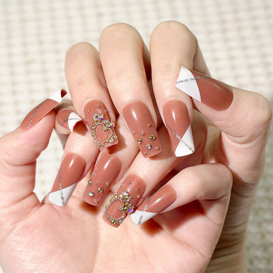 Regal Romance Extra Medium Square Beige Press-On Nails with White Tips and Rhinestone Embellishments