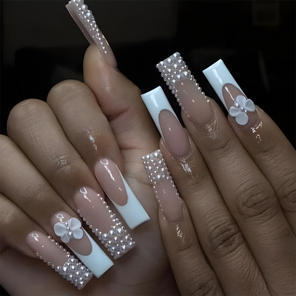 Bridal Bliss Long Square Beige and White Ombre Press-On Nails with Pearl Embellishments and Floral Accent