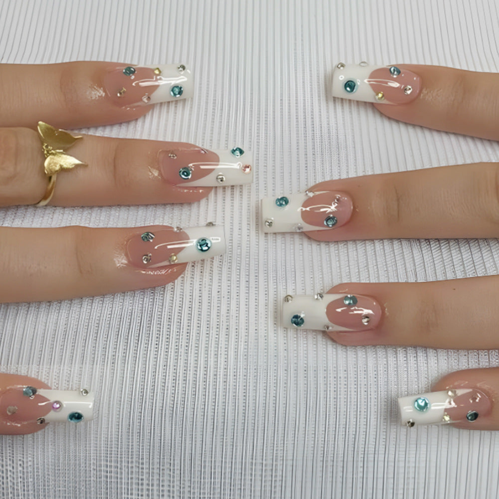 Mermaid Fantasy Extra-Long Square Beige Press On Nail Set with Shimmer Accents and Rhinestone Embellishments