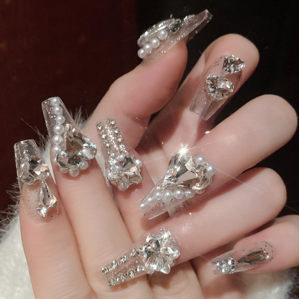 Luxury Long Coffin Clear Press-On Nails with Pearls and Crystals Embellishment