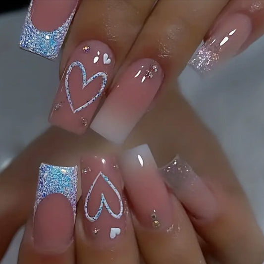 Sparkling Romance Long Square Baby Pink Press On Nails with Glitter Accents and Heart Designs