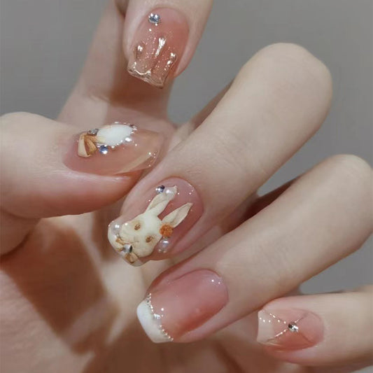 Enchanted Forest Short Length Square Shape Beige Press On Nail Set with 3D Bunny Accent