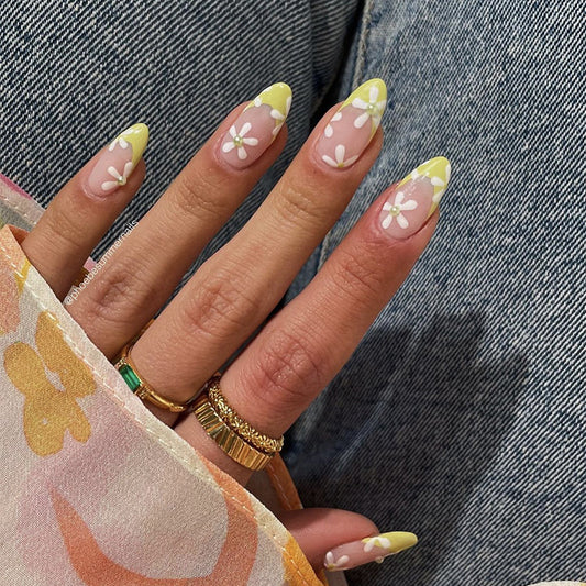 View The Plot Medium Almond Yellow Floral Press On Nails