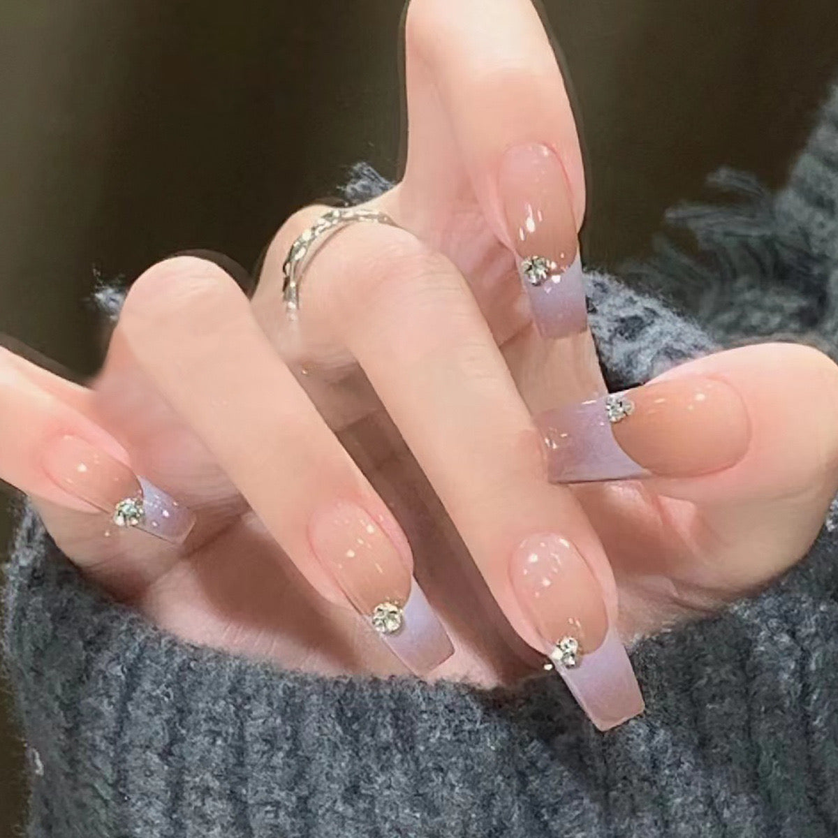 Chic Elegance Medium Coffin Beige Press On Nails with Crystal Accents