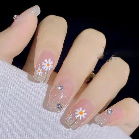 Daisy Dream Medium Square Beige Press On Nails with Crystal Accents and Floral Design