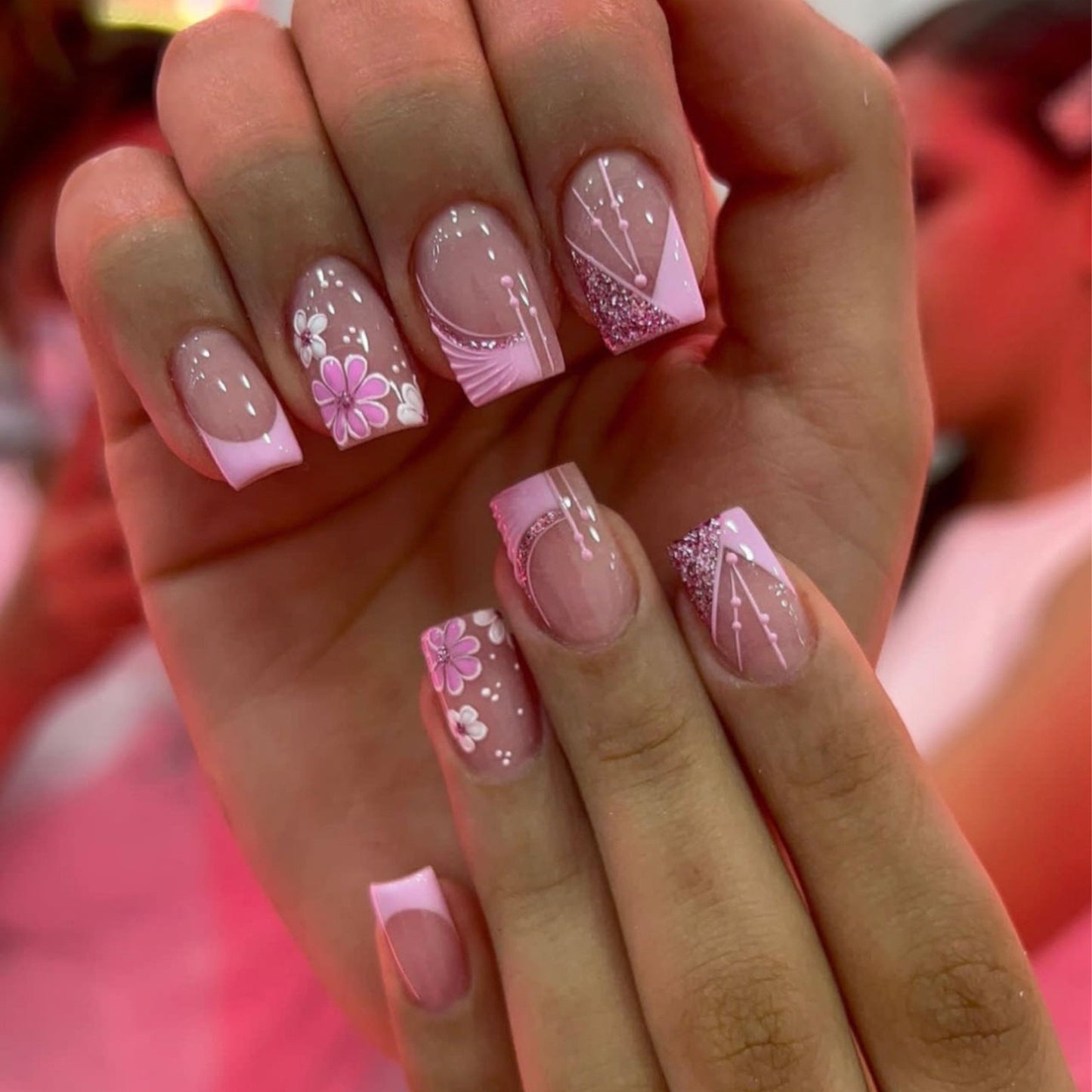 Sakura Blossom Elegance Medium Length Square Press On Nails in Soft Pink with Floral Art and Glitter Highlights