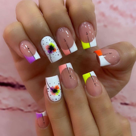 Floral Fantasy Medium Length Square Press On Nails in Beige with Vibrant Tip Color Blocks and Daisy Accents