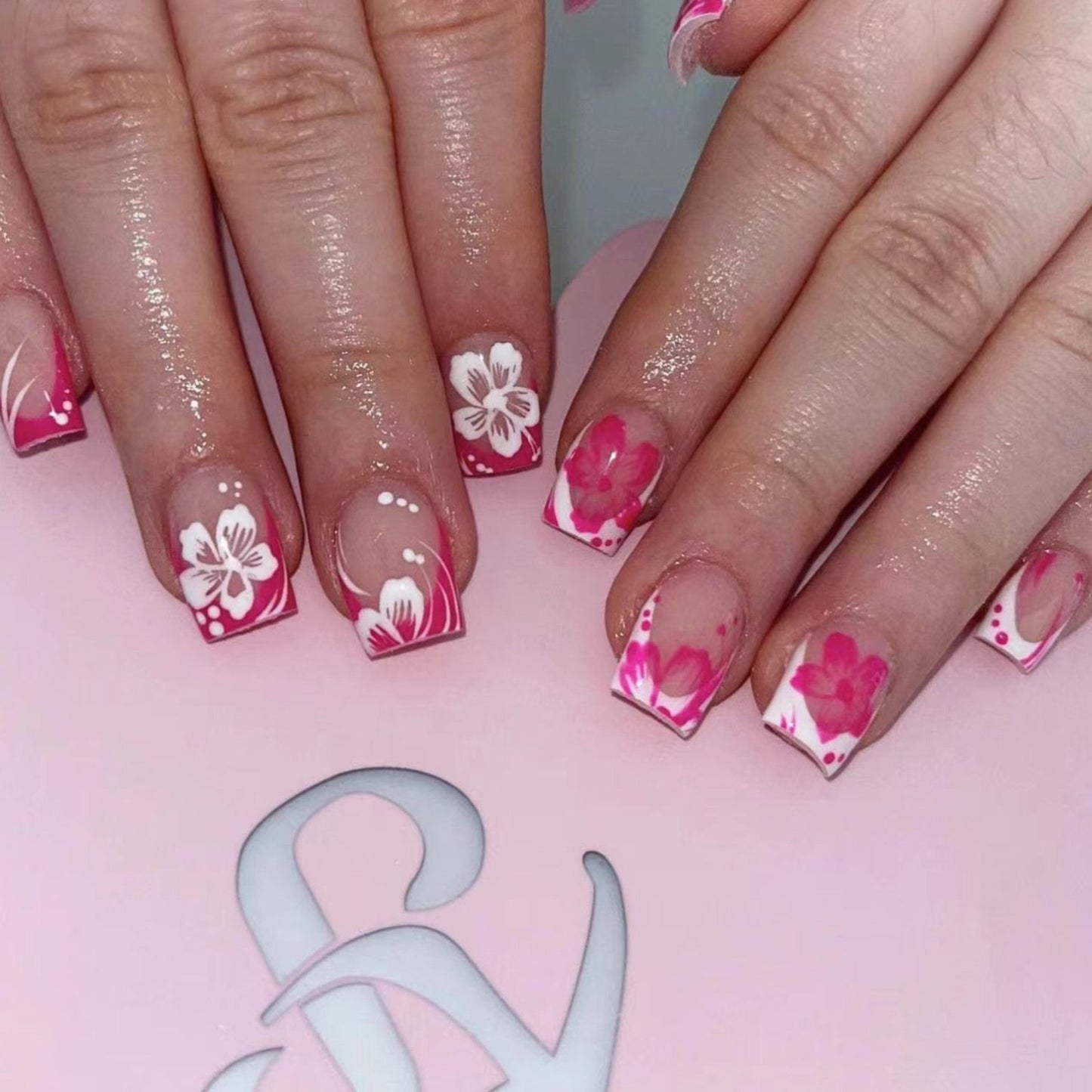 Blooming Romance Medium Square Pink and White Floral Nails with Accent Petal Design