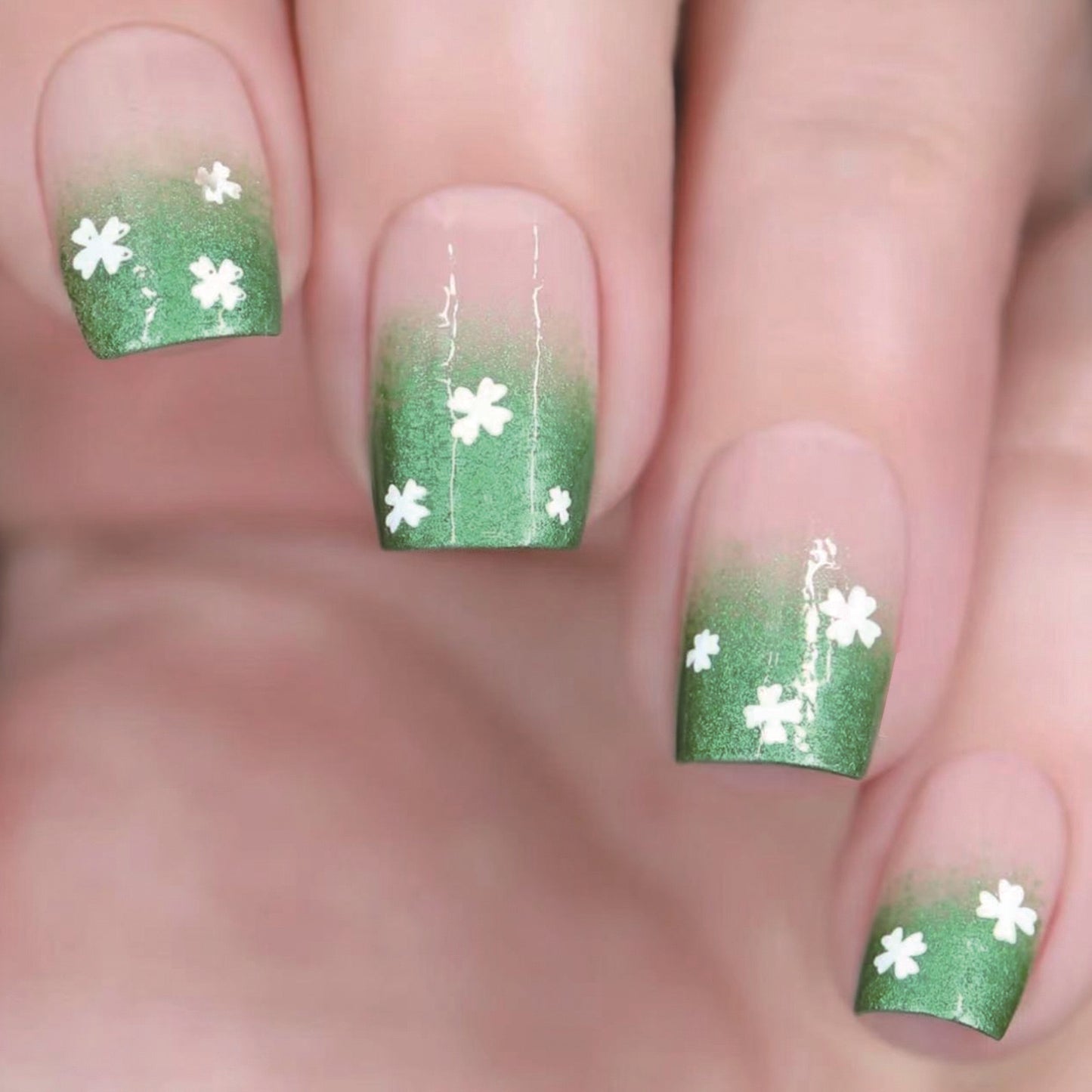 Emerald Meadow Short Square Press On Nails with Gradient Effect and White Floral Accents