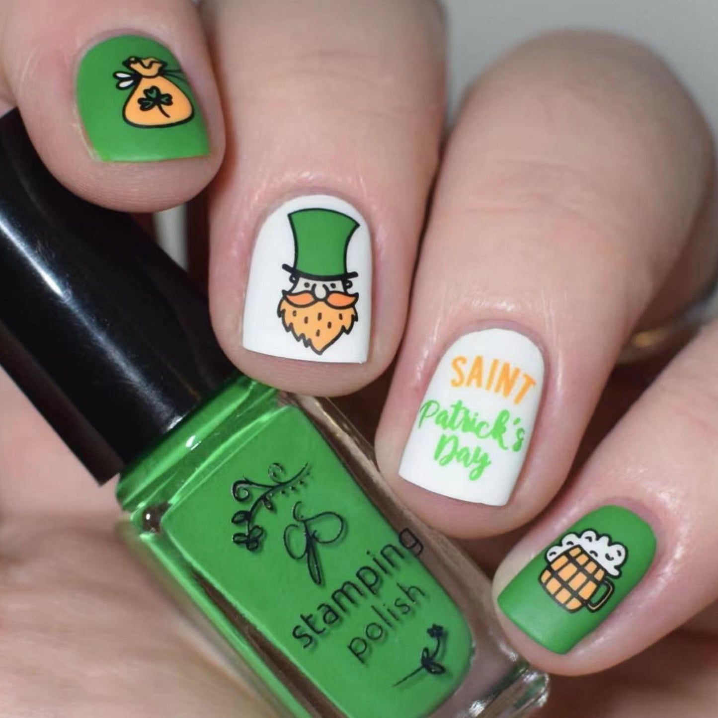 Festive Charm Short Square Press-On Nails with Green and White Holiday Graphics